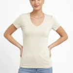 T-Shirt V Yaka Slim Fit Likralı Tişört Günlük Basic Body - Taş