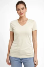 T-Shirt V Yaka Slim Fit Likralı Tişört Günlük Basic Body - Taş - Görsel 4