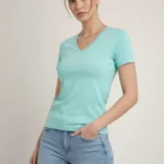 T-Shirt V Yaka Slim Fit Likralı Tişört Günlük Basic Body - Turkuvaz