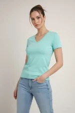T-Shirt V Yaka Slim Fit Likralı Tişört Günlük Basic Body - Turkuvaz
