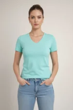 T-Shirt V Yaka Slim Fit Likralı Tişört Günlük Basic Body - Turkuvaz - Görsel 2