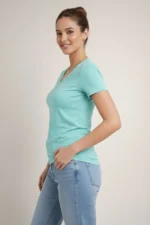 T-Shirt V Yaka Slim Fit Likralı Tişört Günlük Basic Body - Turkuvaz - Görsel 3