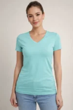 T-Shirt V Yaka Slim Fit Likralı Tişört Günlük Basic Body - Turkuvaz - Görsel 4