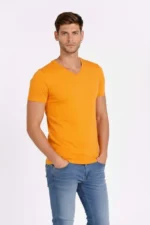 Erkek T-Shirt V Yaka Slim Fit Dar Kesim Likralı Tişört Günlük Basic Body - Sarı - Görsel 2