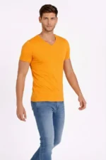 Erkek T-Shirt V Yaka Slim Fit Dar Kesim Likralı Tişört Günlük Basic Body - Sarı - Görsel 3