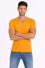 Erkek T-Shirt V Yaka Slim Fit Dar Kesim Likralı Tişört Günlük Basic Body - Sarı - Görsel 4