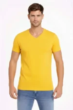 Erkek T-Shirt V Yaka Slim Fit Dar Kesim Likralı Tişört Günlük Basic Body - Limon - Görsel 2