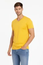 Erkek T-Shirt V Yaka Slim Fit Dar Kesim Likralı Tişört Günlük Basic Body - Limon - Görsel 3
