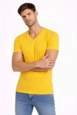 Erkek T-Shirt V Yaka Slim Fit Dar Kesim Likralı Tişört Günlük Basic Body - Limon - Görsel 4