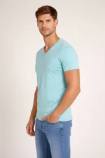 Erkek T-Shirt V Yaka Slim Fit Dar Kesim Likralı Tişört Günlük Basic Body - Turkuvaz - Görsel 2