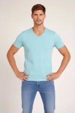 Erkek T-Shirt V Yaka Slim Fit Dar Kesim Likralı Tişört Günlük Basic Body - Turkuvaz - Görsel 4
