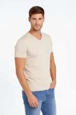 Erkek T-Shirt V Yaka Slim Fit Dar Kesim Likralı Tişört Günlük Basic Body - Taş - Görsel 2