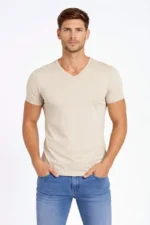 Erkek T-Shirt V Yaka Slim Fit Dar Kesim Likralı Tişört Günlük Basic Body - Taş - Görsel 3