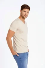 Erkek T-Shirt V Yaka Slim Fit Dar Kesim Likralı Tişört Günlük Basic Body - Taş - Görsel 4