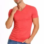 Erkek T-Shirt V Yaka Slim Fit Dar Kesim Likralı Tişört Günlük Basic Body - Nar Çiçeği