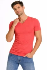Erkek T-Shirt V Yaka Slim Fit Dar Kesim Likralı Tişört Günlük Basic Body - Nar Çiçeği