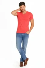 Erkek T-Shirt V Yaka Slim Fit Dar Kesim Likralı Tişört Günlük Basic Body - Nar Çiçeği - Görsel 2