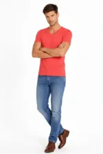 Erkek T-Shirt V Yaka Slim Fit Dar Kesim Likralı Tişört Günlük Basic Body - Nar Çiçeği - Görsel 3