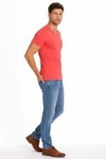 Erkek T-Shirt V Yaka Slim Fit Dar Kesim Likralı Tişört Günlük Basic Body - Nar Çiçeği - Görsel 4