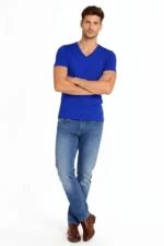 Erkek T-Shirt V Yaka Slim Fit Dar Kesim Likralı Tişört Günlük Basic Body - Saks Mavisi - Görsel 2