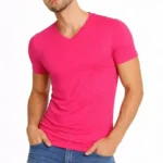 Erkek T-Shirt V Yaka Slim Fit Dar Kesim Likralı Tişört Günlük Basic Body - Pembe