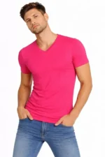 Erkek T-Shirt V Yaka Slim Fit Dar Kesim Likralı Tişört Günlük Basic Body - Pembe