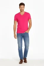 Erkek T-Shirt V Yaka Slim Fit Dar Kesim Likralı Tişört Günlük Basic Body - Pembe - Görsel 3