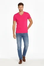 Erkek T-Shirt V Yaka Slim Fit Dar Kesim Likralı Tişört Günlük Basic Body - Pembe - Görsel 4