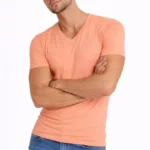 Erkek T-Shirt V Yaka Slim Fit Dar Kesim Likralı Tişört Günlük Basic Body - Toz Pembe