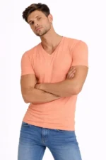 Erkek T-Shirt V Yaka Slim Fit Dar Kesim Likralı Tişört Günlük Basic Body - Toz Pembe