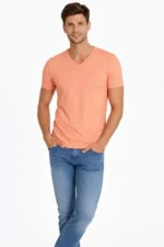 Erkek T-Shirt V Yaka Slim Fit Dar Kesim Likralı Tişört Günlük Basic Body - Toz Pembe - Görsel 2