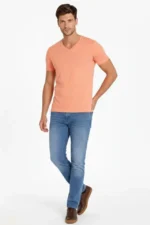 Erkek T-Shirt V Yaka Slim Fit Dar Kesim Likralı Tişört Günlük Basic Body - Toz Pembe - Görsel 4