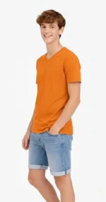 Genç Erkek Çocuk V Yaka Tişört Yazlık Model Günlük Basic Body - Turuncu - Görsel 3