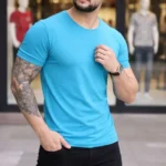 Erkek T-Shirt Bisiklet Yaka Slim Fit Dar Kesim Likralı Tişört Günlük Basic Body - Açık Mavi