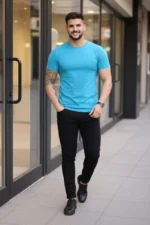 Erkek T-Shirt Bisiklet Yaka Slim Fit Dar Kesim Likralı Tişört Günlük Basic Body - Açık Mavi - Görsel 2