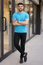 Erkek T-Shirt Bisiklet Yaka Slim Fit Dar Kesim Likralı Tişört Günlük Basic Body - Açık Mavi - Görsel 3