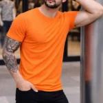 Erkek T-Shirt Bisiklet Yaka Slim Fit Dar Kesim Likralı Tişört Günlük Basic Body - Turuncu