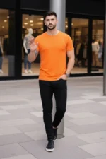 Erkek T-Shirt Bisiklet Yaka Slim Fit Dar Kesim Likralı Tişört Günlük Basic Body - Turuncu - Görsel 2