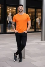 Erkek T-Shirt Bisiklet Yaka Slim Fit Dar Kesim Likralı Tişört Günlük Basic Body - Turuncu - Görsel 4