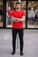 Erkek T-Shirt Bisiklet Yaka Slim Fit Dar Kesim Likralı Tişört Günlük Basic Body - Kırmızı - Görsel 2