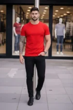 Erkek T-Shirt Bisiklet Yaka Slim Fit Dar Kesim Likralı Tişört Günlük Basic Body - Kırmızı - Görsel 3