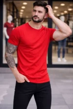 Erkek T-Shirt Bisiklet Yaka Slim Fit Dar Kesim Likralı Tişört Günlük Basic Body - Kırmızı - Görsel 4