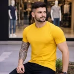 Erkek T-Shirt Bisiklet Yaka Slim Fit Dar Kesim Likralı Tişört Günlük Basic Body - Sarı