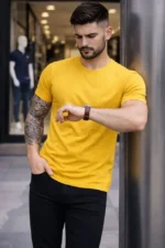 Erkek T-Shirt Bisiklet Yaka Slim Fit Dar Kesim Likralı Tişört Günlük Basic Body - Sarı - Görsel 2