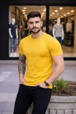 Erkek T-Shirt Bisiklet Yaka Slim Fit Dar Kesim Likralı Tişört Günlük Basic Body - Sarı - Görsel 3