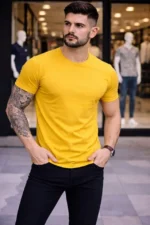 Erkek T-Shirt Bisiklet Yaka Slim Fit Dar Kesim Likralı Tişört Günlük Basic Body - Sarı - Görsel 4