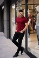 Erkek T-Shirt Bisiklet Yaka Slim Fit Dar Kesim Likralı Tişört Günlük Basic Body - Bordo - Görsel 2