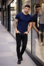 Erkek T-Shirt Bisiklet Yaka Slim Fit Dar Kesim Likralı Tişört Günlük Basic Body - Lacivert - Görsel 2