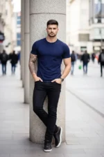 Erkek T-Shirt Bisiklet Yaka Slim Fit Dar Kesim Likralı Tişört Günlük Basic Body - Lacivert - Görsel 3