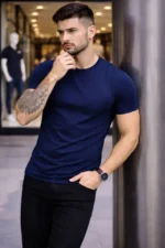 Erkek T-Shirt Bisiklet Yaka Slim Fit Dar Kesim Likralı Tişört Günlük Basic Body - Lacivert - Görsel 4